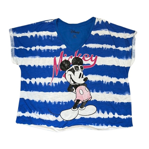 Disney Blue&White Mickey Mouse Women’s Short Sleeve Summer Vneck Shirt Sz XLG - Picture 1 of 9